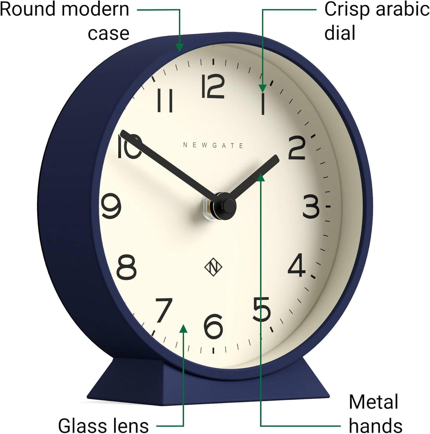 NEWGATE® M Mantel Echo Desk Clock | Modern Round Design | Navy Blue | Easy to Read Numbers | Contemporary Style for Desk, Table, Shelf or Bedside