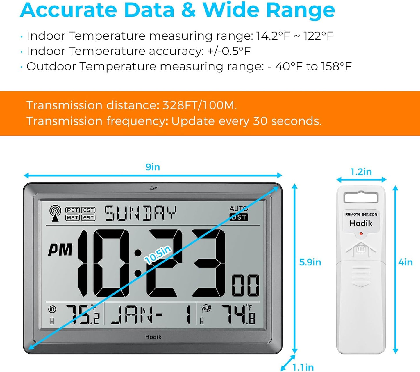 Wall Clock Atomic with Indoor Outdoor Temperature Battery Powered, Easy Reading with 10.5 Inch Large LCD Display, 330FT Range Table Wall Clock With DST, 12/24 Hour for Living Room Kitchen (Silver)