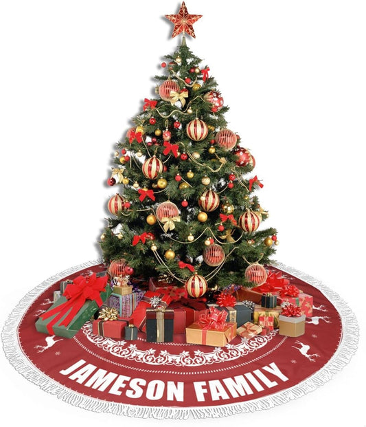 Custom Christmas Tree Skirt with Name, Personalized Holiday Xmas Tree Decor Gifts for Party Family Home, 30" - 48", Deer Pattern