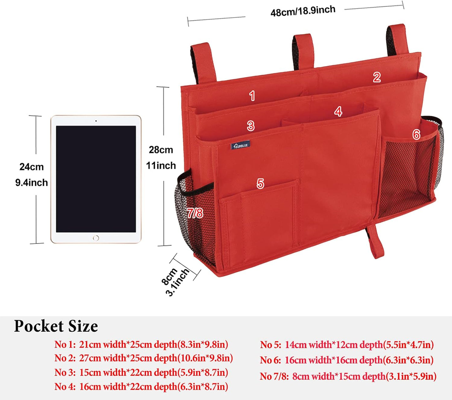 Surblue Caddy Hanging Organizer Bedside Storage Bag for Bunk and Hospital Beds, Red, L