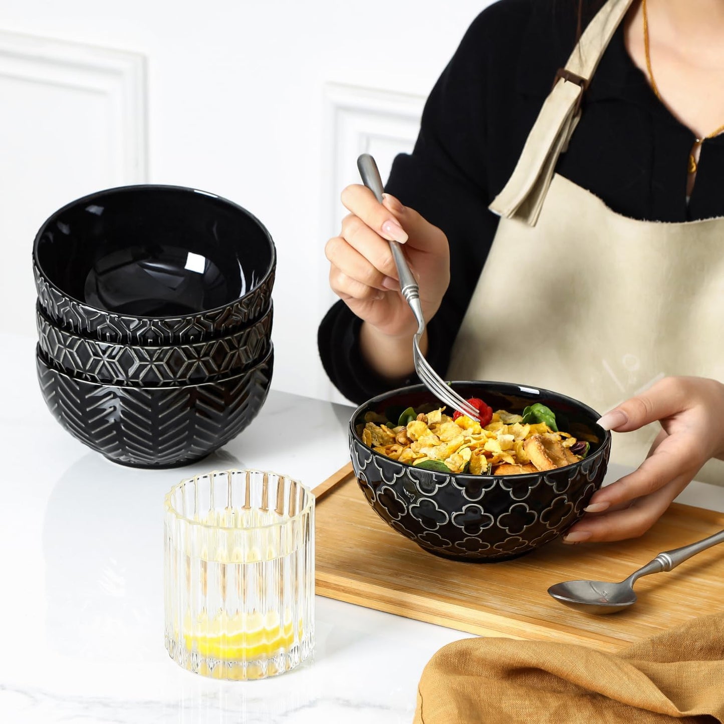 Sureasy Ceramic Cereal Bowls Set of 4, 5.9 Inch Deep Soup Bowls for Kitchen, 25 oz Embossed Stoneware Bowls for Pasta, Salad, Oatmeal, Noodle, Ramen, Microwave Dishwasher Safe, Set of 4, Black