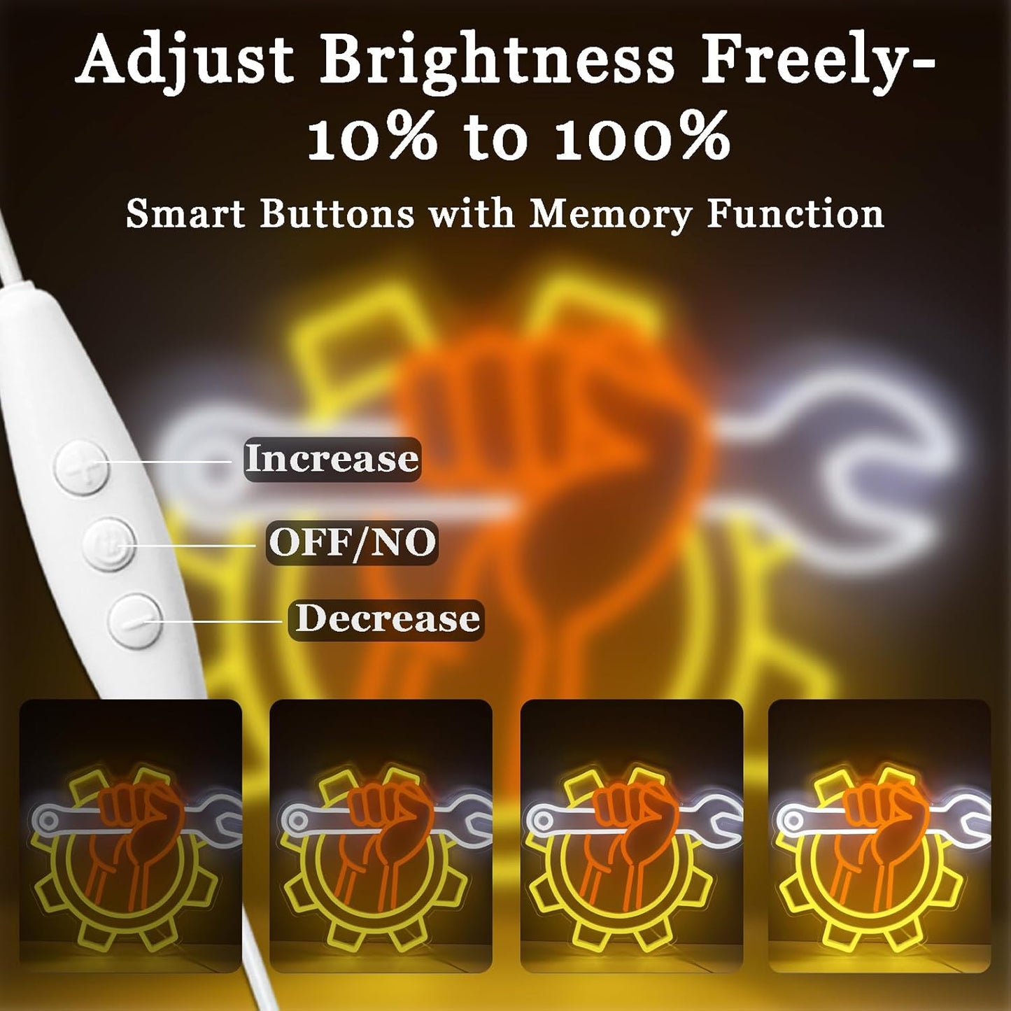 Wrench Neon Sign for Wall Decor – USB Powered LED Garage Sign with Dimmer, Car Room Accent Light, Auto Repair Workshop Wall Lamp, Man Cave Neon Decor, Gift for Dad or Car Enthusiast 13"x14.3"