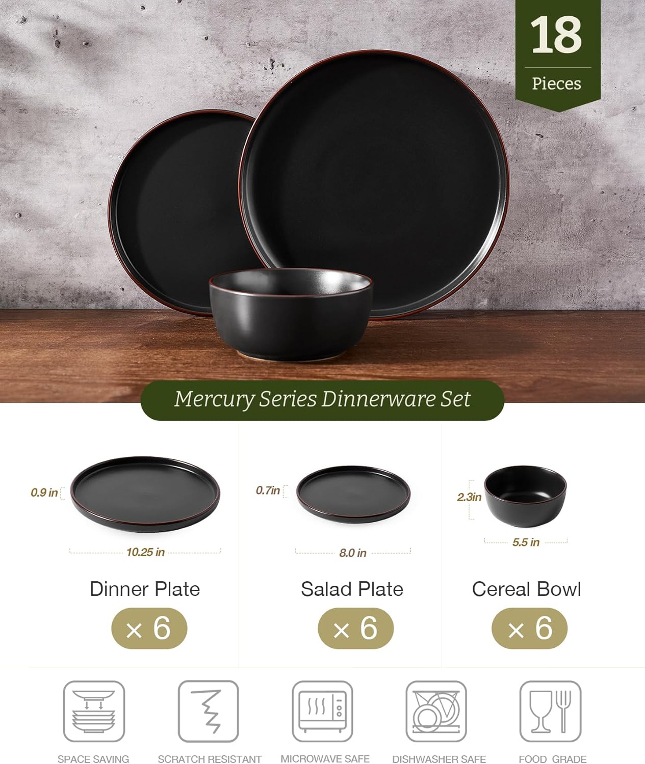 Famiware Mercury Plates and Bowls Sets, 18 Pieces Stoneware Dinnerware Sets, Dishes Set for 6, Microwave and Dishwasher Safe, Matte Black
