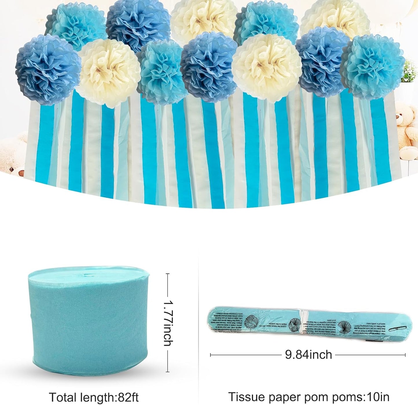 Blue Party Streamers Decorations Paper Pom Poms Fringe Backdrop for Wedding Decor, Birthday, Bachelorette, Baby Shower, Party Backdrop