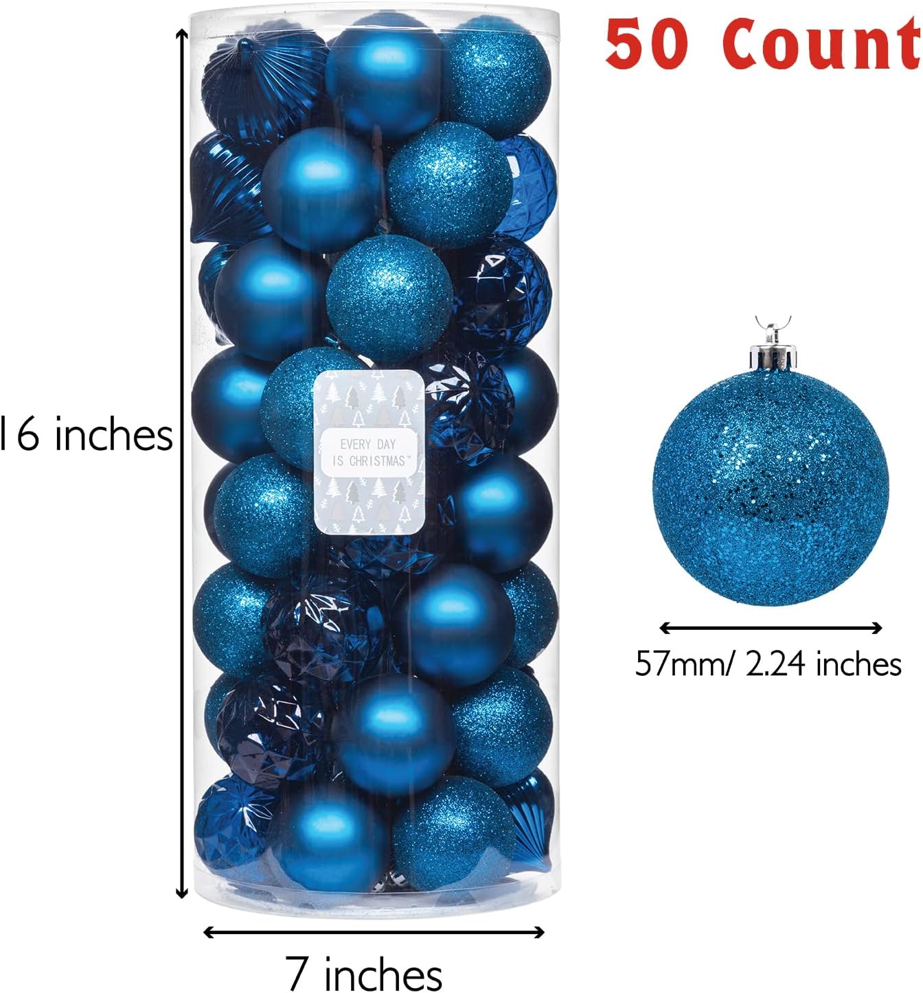 Every Day is Christmas Ornaments, Shatterproof Christmas Tree Ornament Set, Christmas Balls Decoration 50 Count (2.24"/57mm, Royal Blue)