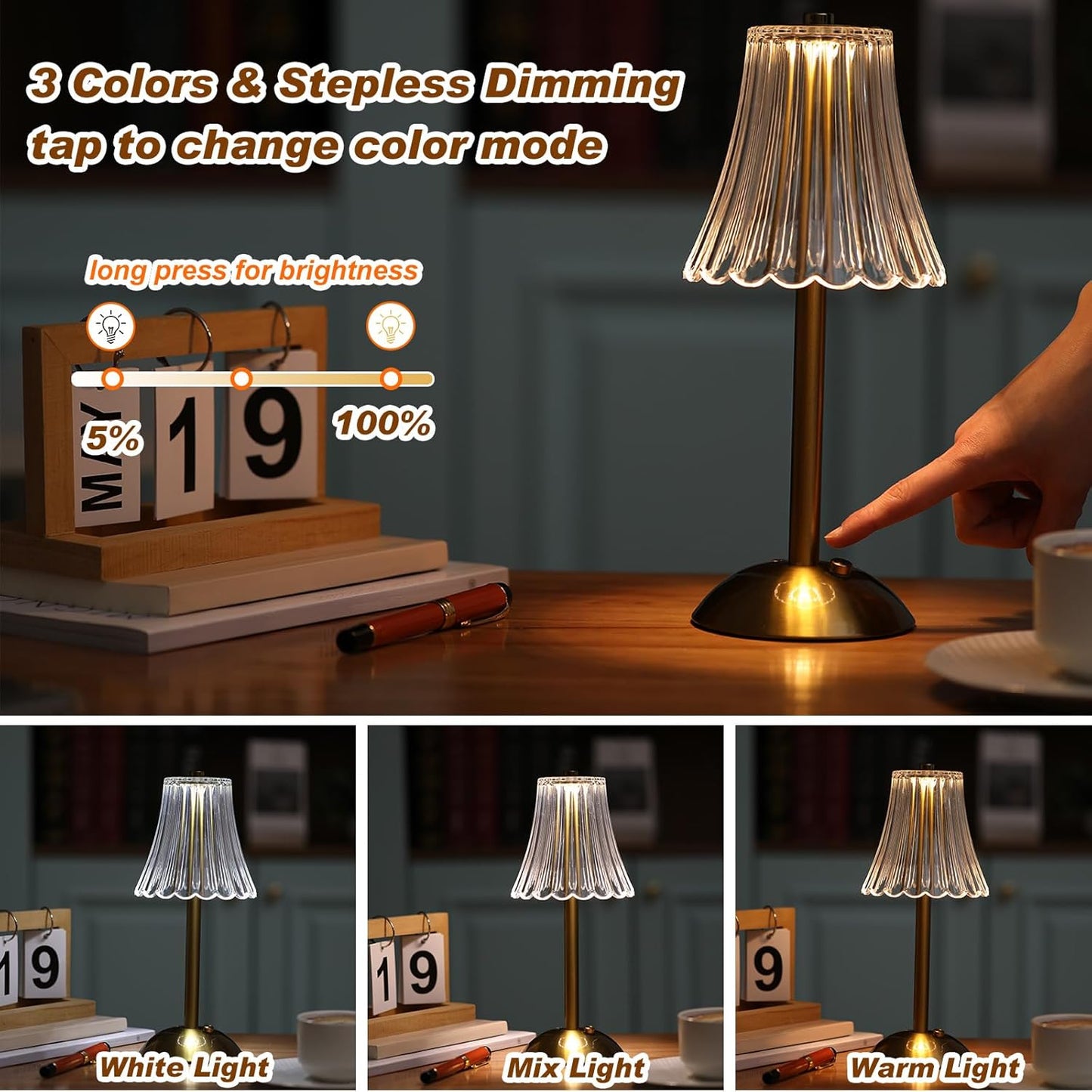 Liliful 4 Pcs LED Portable Cordless Table Lamp Touch Battery Operated Rechargeable Desk Lamp 3 Color Dimmable for Bedroom Living Room Dining (Rose Style,Gold)