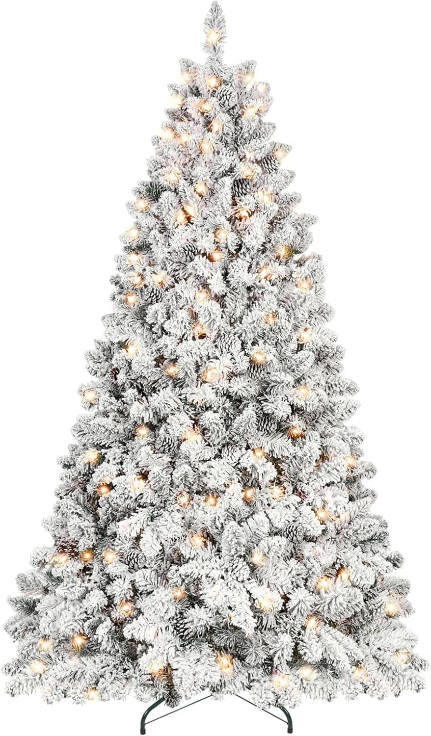 7ft Prelit Flocked Christmas Tree, Frosted Artificial Christmas Tree with 500UL Lights, Pine Cones & 1124 Tips, Auto Hinged Easy Setup Full Prelighted Fake Christmas Tree