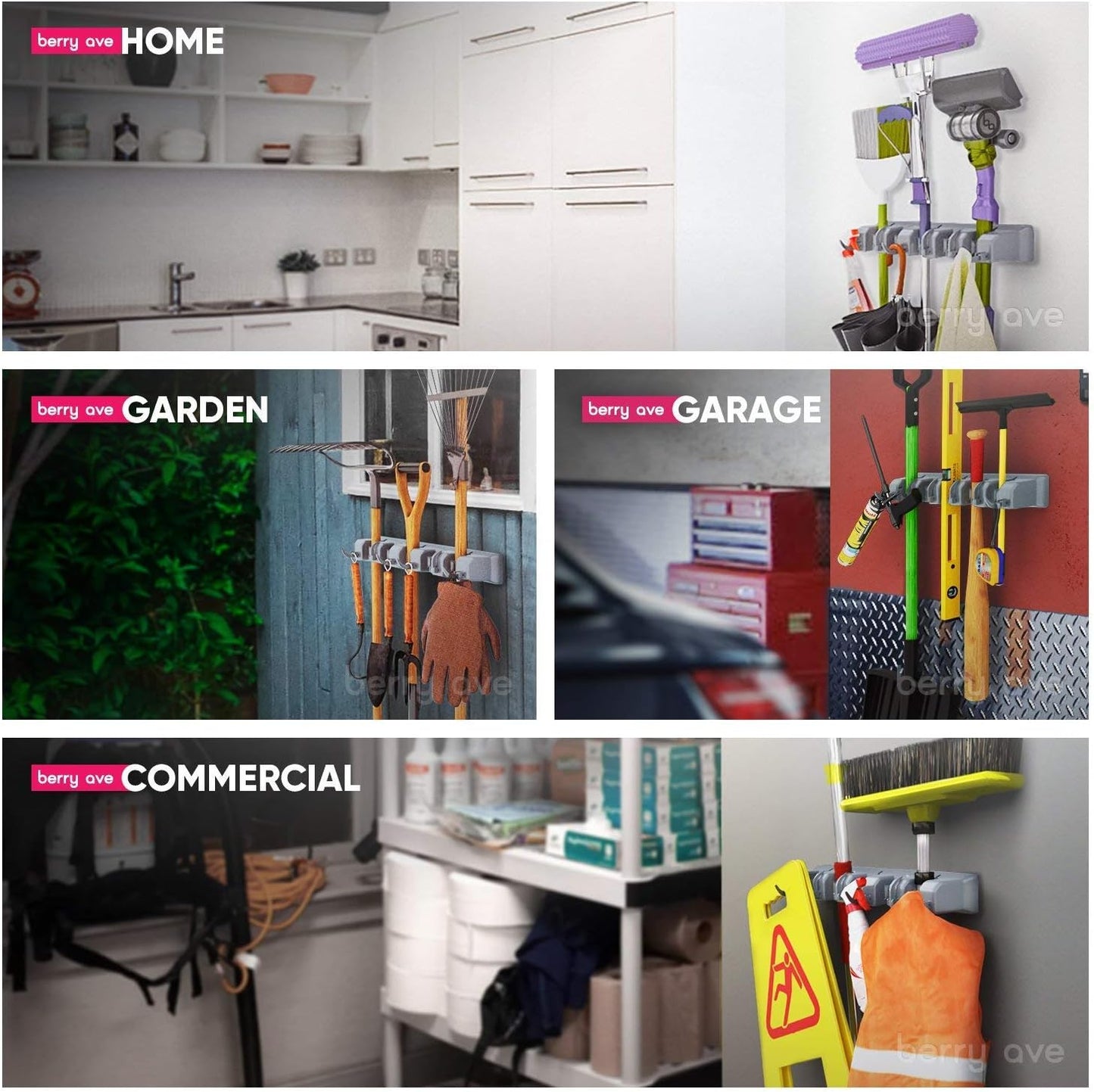 Combo 5 Slot Broom Holder w/ 1 Self Adhesive Mop Gripper No-Drilling, Wall Mount Tool Organizers For Kitchen, Garage, Laundry Room- Anti-Slip Hanger For Brooms, Mops, Rakes, Dustpans (Grey / White)