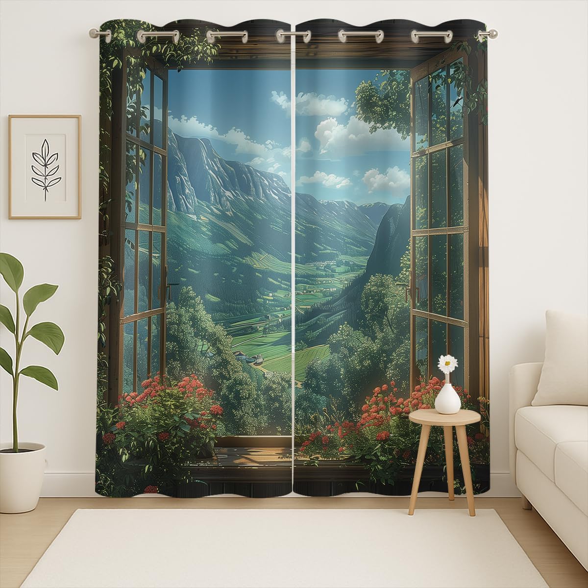 Mountain Blackout Curtains for Girls Boys Teens Home Decor, Spring Sky View Nature Forest Flower Grommet Thermal Insulated Drapes Darkening Window Curtain for Bedroom Living Room, 72 x 63 Inch