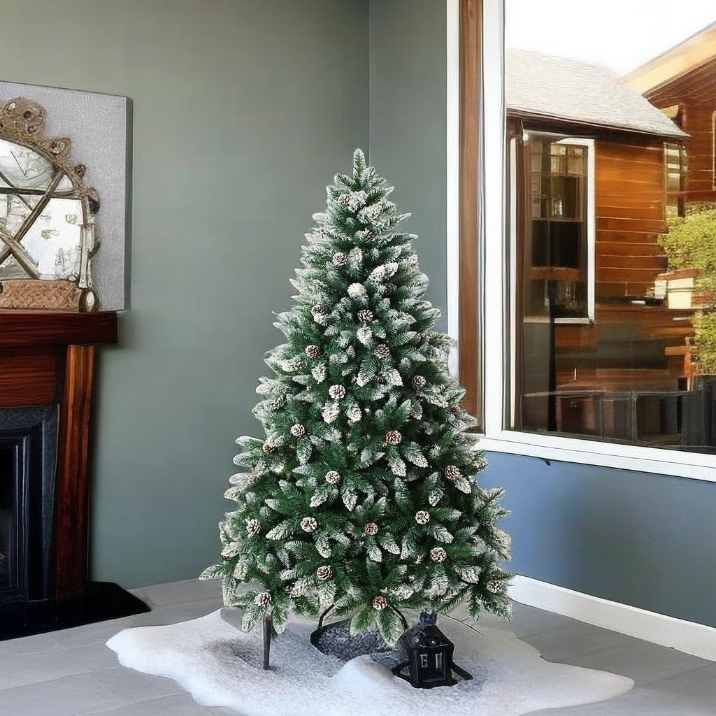 Artificial Christmas Tree 5/6/7/7.5 Foot Flocked Snow Trees with Pine Cone Decoration Unlit