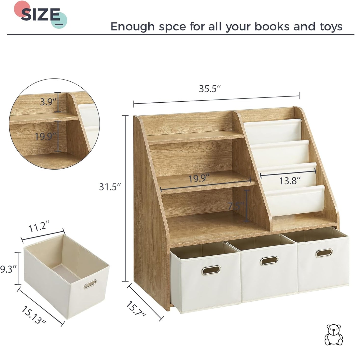 Kids Bookshelf, Kids Toy Storage Organizer with Storage Bins, Wooden Bookshelf and Book Display Shelf for Bedroom, Playroom, Nursery, Classroom, Teak Color