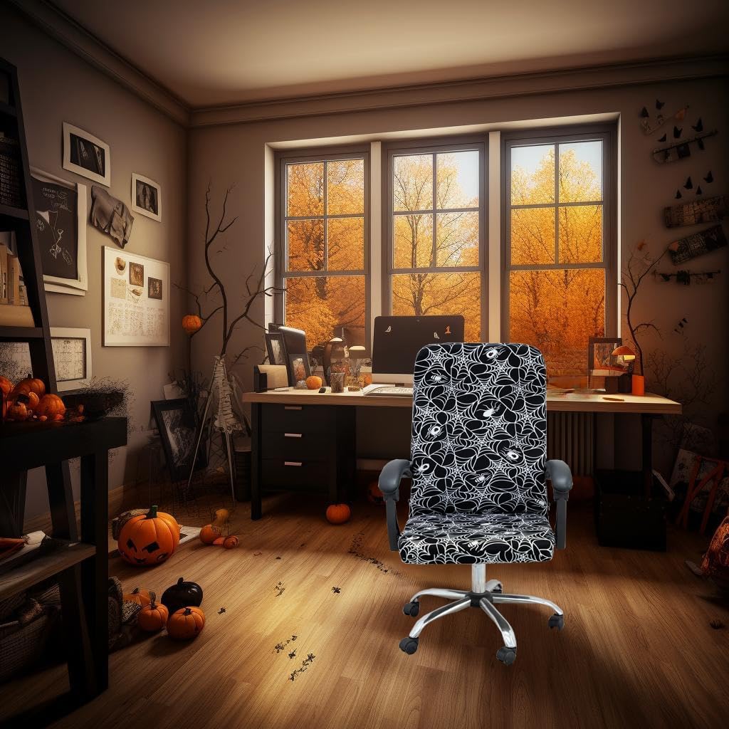 Halloween Office Chair Covers Gothic Spider Web Spooky Spider on Black Horror Theme Print Stretchable Slipcover for Modern Simplism Style High Back Boss Chair (No Chair)(Halloween02, L)…