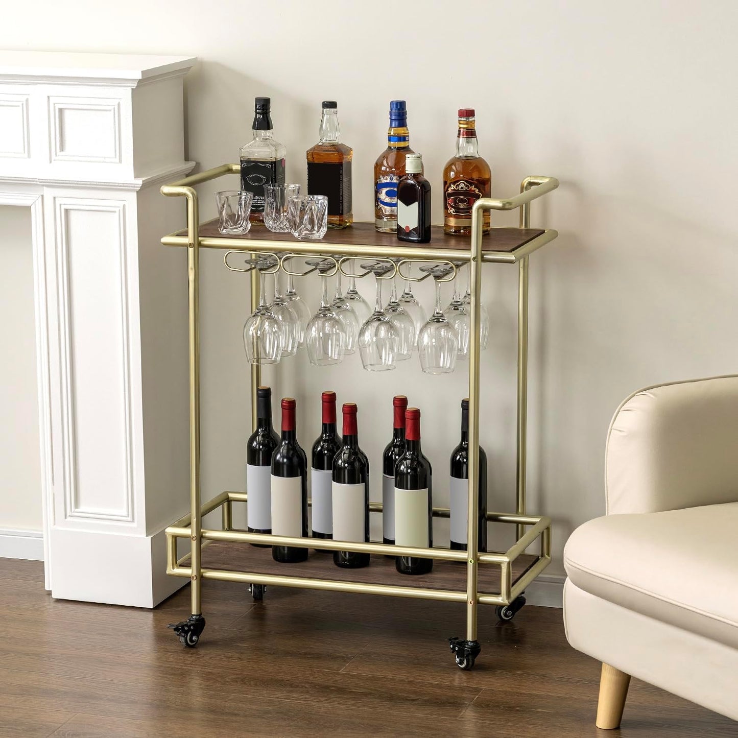 MyGift 2 Tier Rolling Bar Cart, Vintage Brass Tone Metal Cocktail and Wine Trolley with Burnt Wood Shelf Trays, Wine Glass Stemware Holder Rack and Lockable Wheels