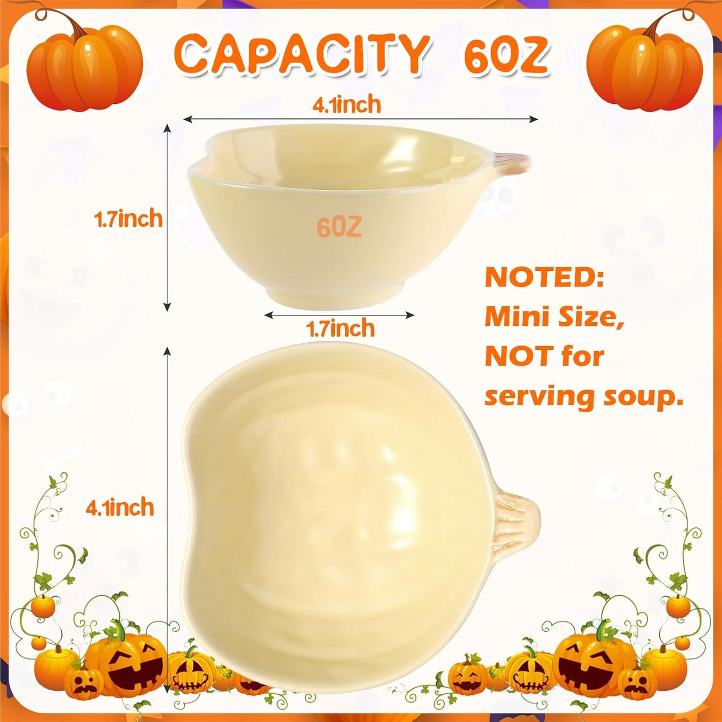 Kolewo4ever 12 Pieces Fall Ceramic Pumpkin Bowl 6 Ounces Ramekins Small Pumpkin Shaped Bowls Orange Dinnerware Decoration for Fall Halloween Serving Dip, Sauce, Condiments,Snack (Yellow)