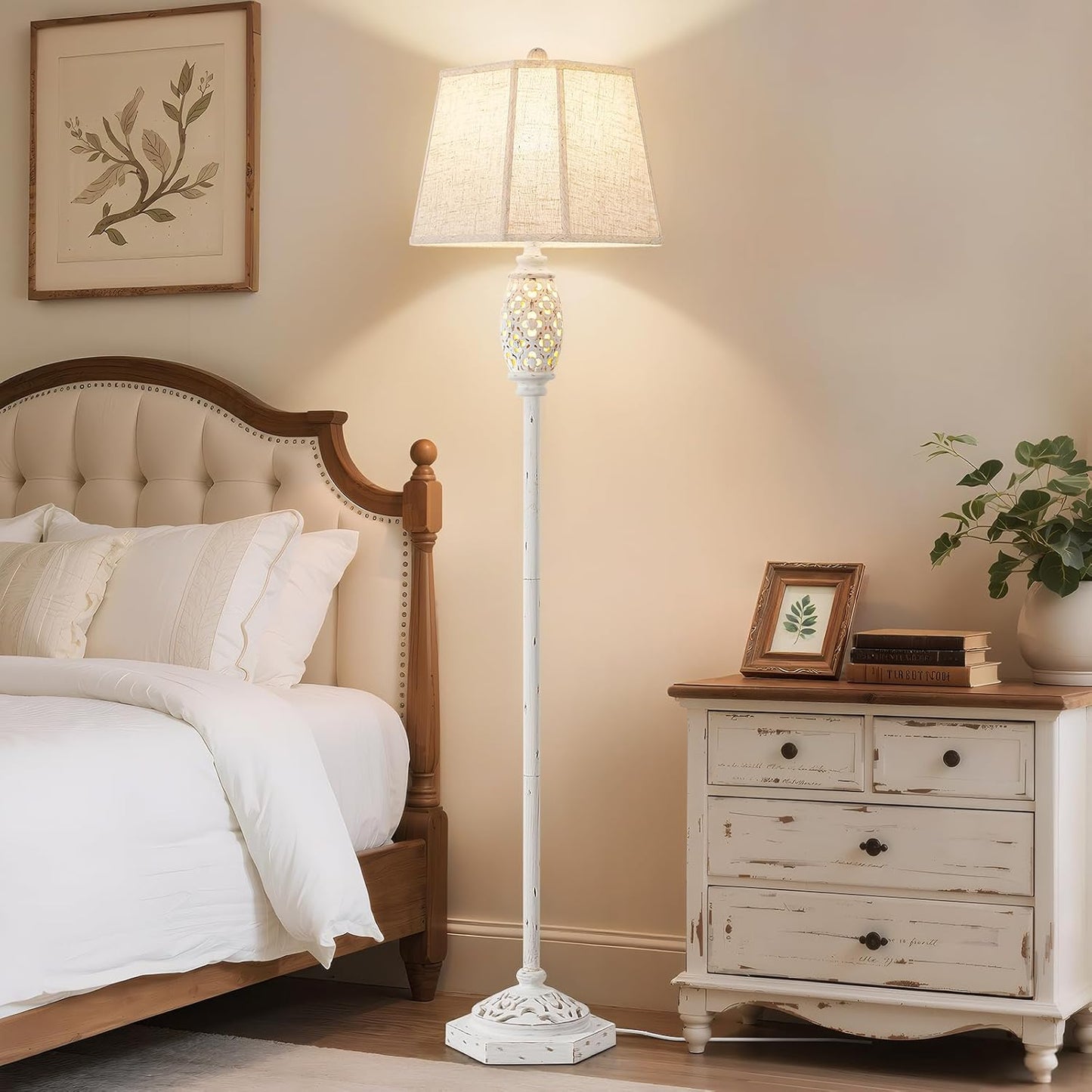 Luvkczc Rustic Floor Lamp with Floral Cutouts & Light, Vintage Farmhouse Style Standing Lamp Resin Floor Lamps for Living Room, Bedroom,Study (Bulb Included)