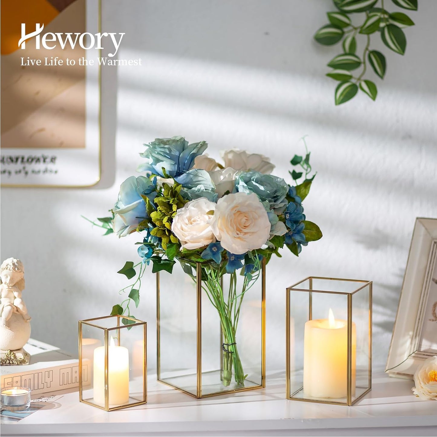 Glass Hurricane Candle Holder Large - Hewory 6pcs Gold Rectangle Flower Holders Centerpiece for Table, Tall Floor Square Pillar Candle Lantern for Wedding, Anniversary, Party, Fireplace, Dining Room