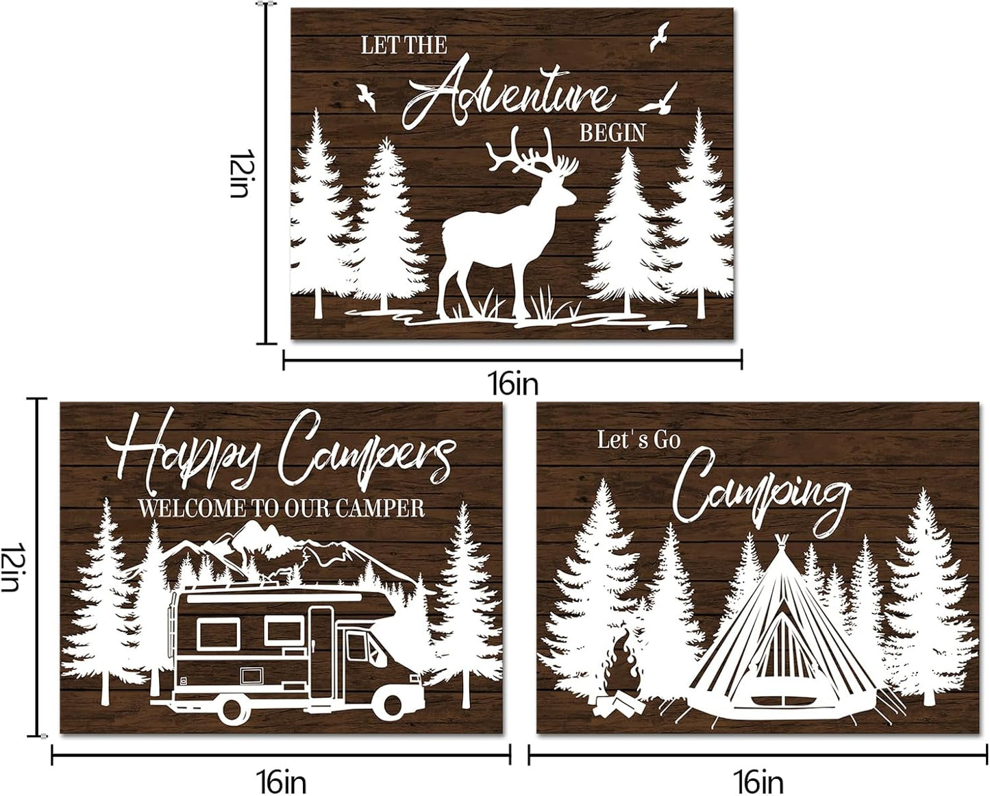 HOMEOART Camper Decor RV Wall Art Happy Campers Adventure Camping Wall Decor Sign, Deer in Forest Farmhouse Cabin Decoration,Framed 12x16inchx3Piece, Rustic Brown