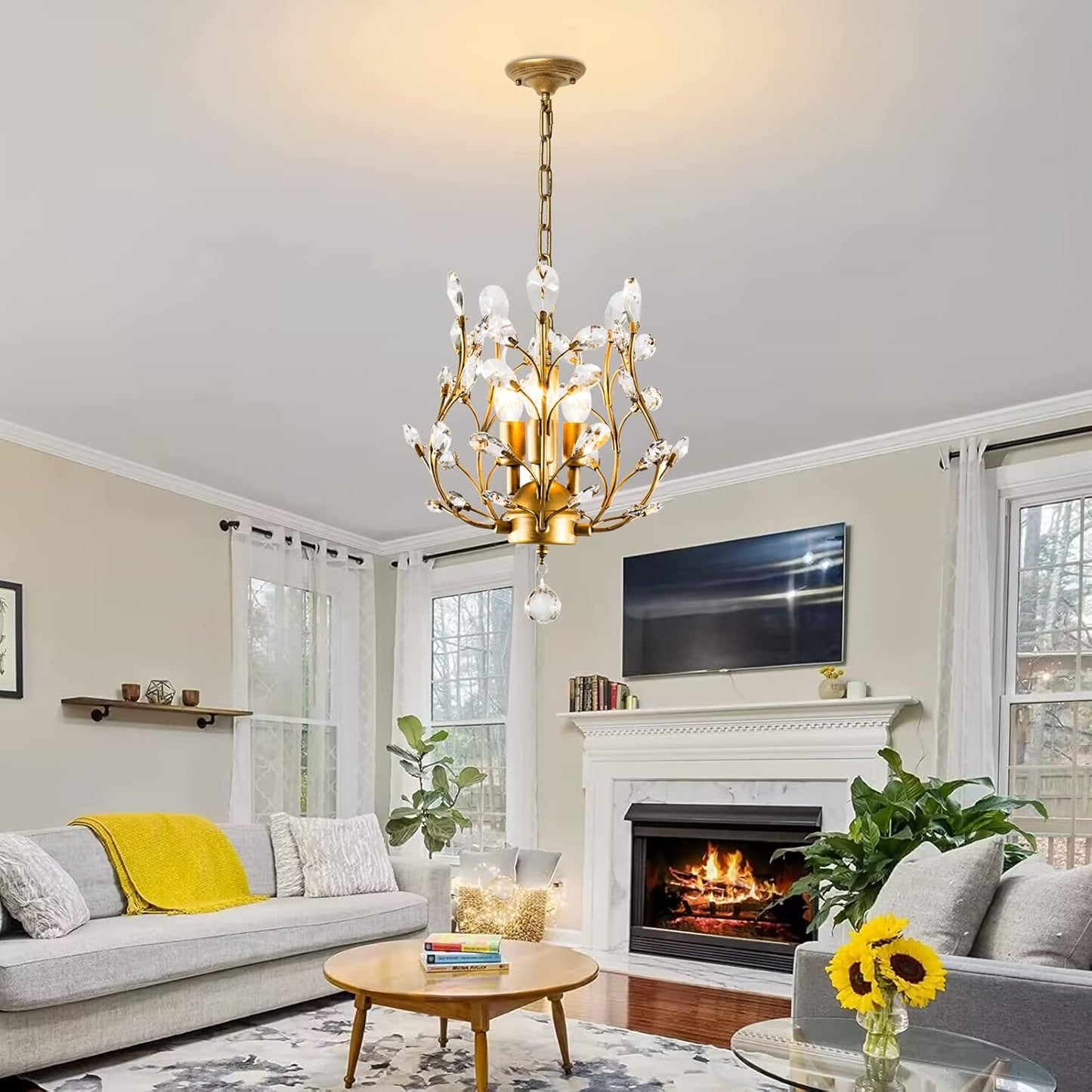 Ganeed Crystal Chandeliers,K9 Crystal Pendant Light with 3-Light Chandelier Lighting Fixtures,Ceiling Light for Living Room Bedroom Restaurant Hallway (Gold)