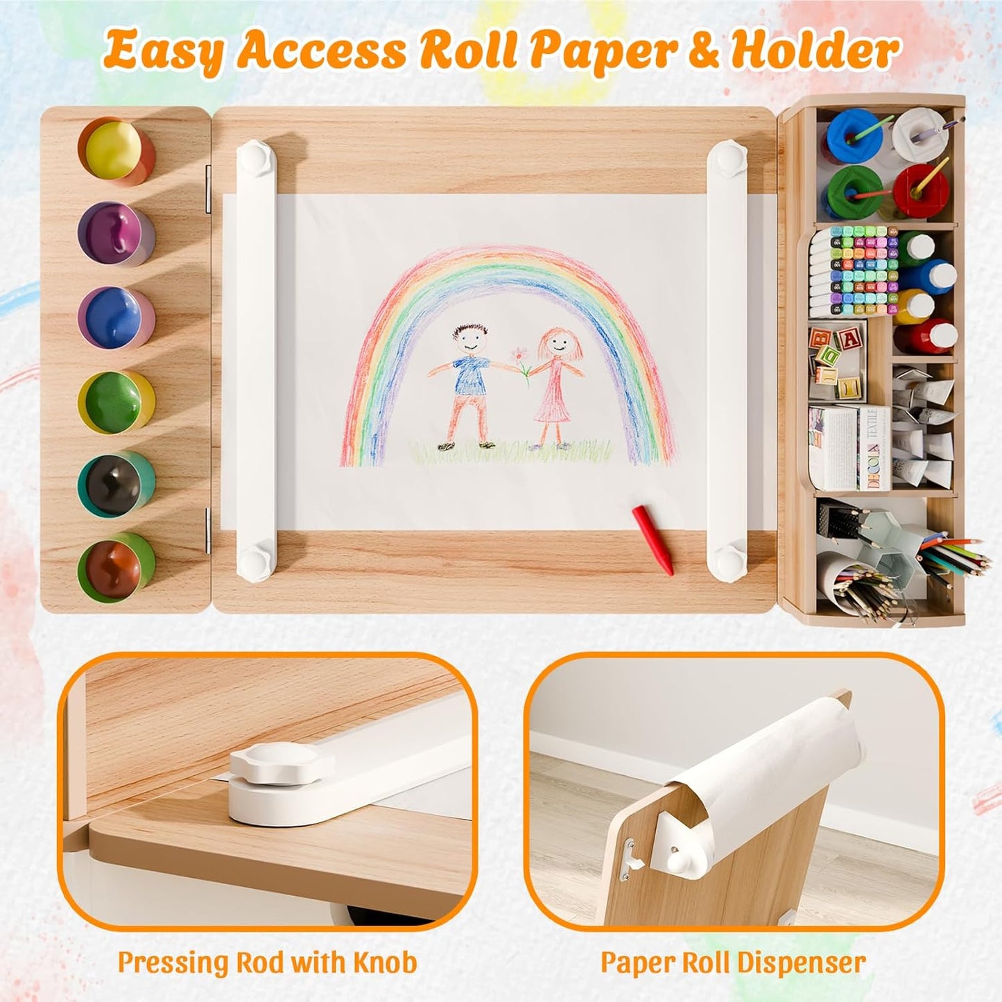 Kids Art Table and Chair - Toddler Craft Table and Chairs Set with 2 Chair & Bins, Kids Activity Desk with Paper Roll for Playrooms & Classroom, 44" L x 24" W, Natural