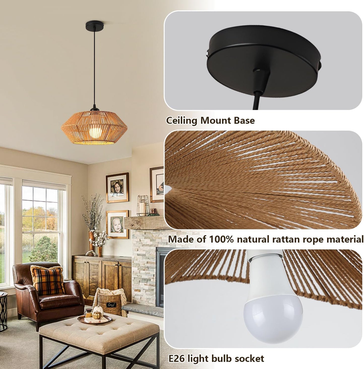 Rattan Pendant Light Fixture Ceiling Bohemian Chandelier Wicker Pendant Light 12.2in Woven Hanging lamp for Bedroom Kitchen Island Hallway