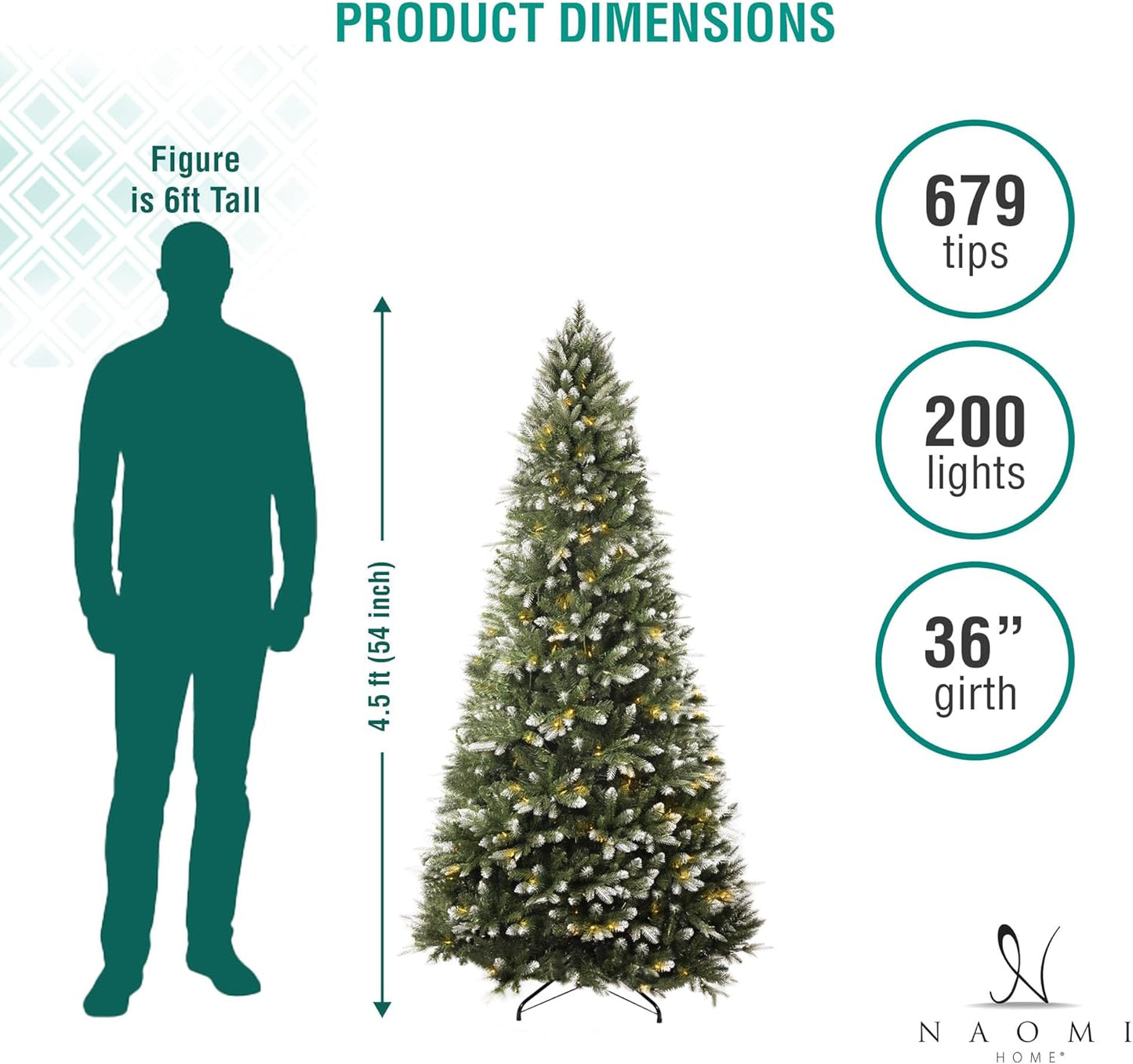 Naomi Home 4.5ft White Tip Christmas Tree with Lights, Realistic Light Snow Flocked Fir Prelit with 679 Branch Tips, 200 Warm Lights and Metal Stand, Aritificial Tree