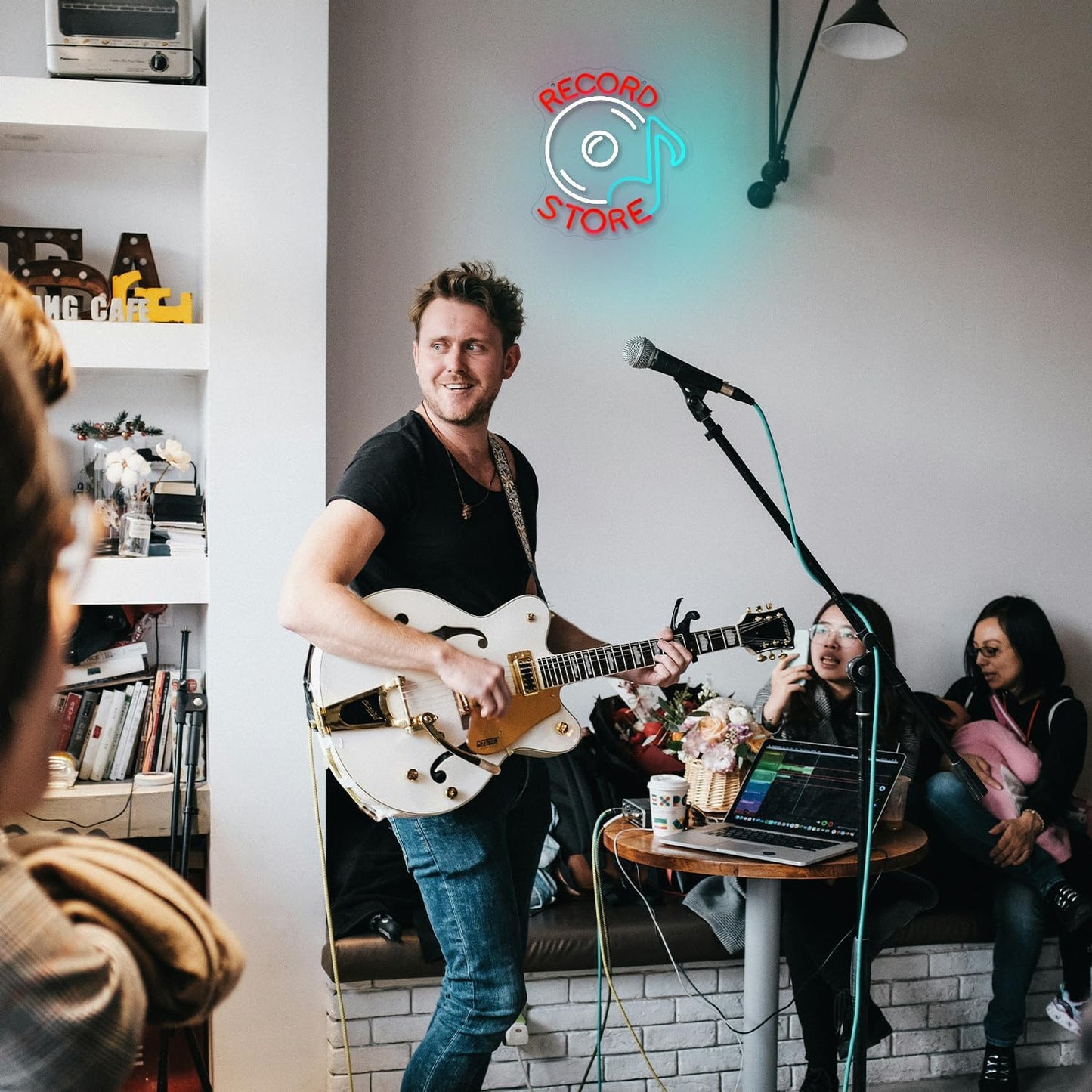 Record Store Neon Sign Music Neon Signs for Wall Decor Letter Neon Light Record Player Sign Live Music Neon Light Sign for Bar Concern Studio Decor(Red white)