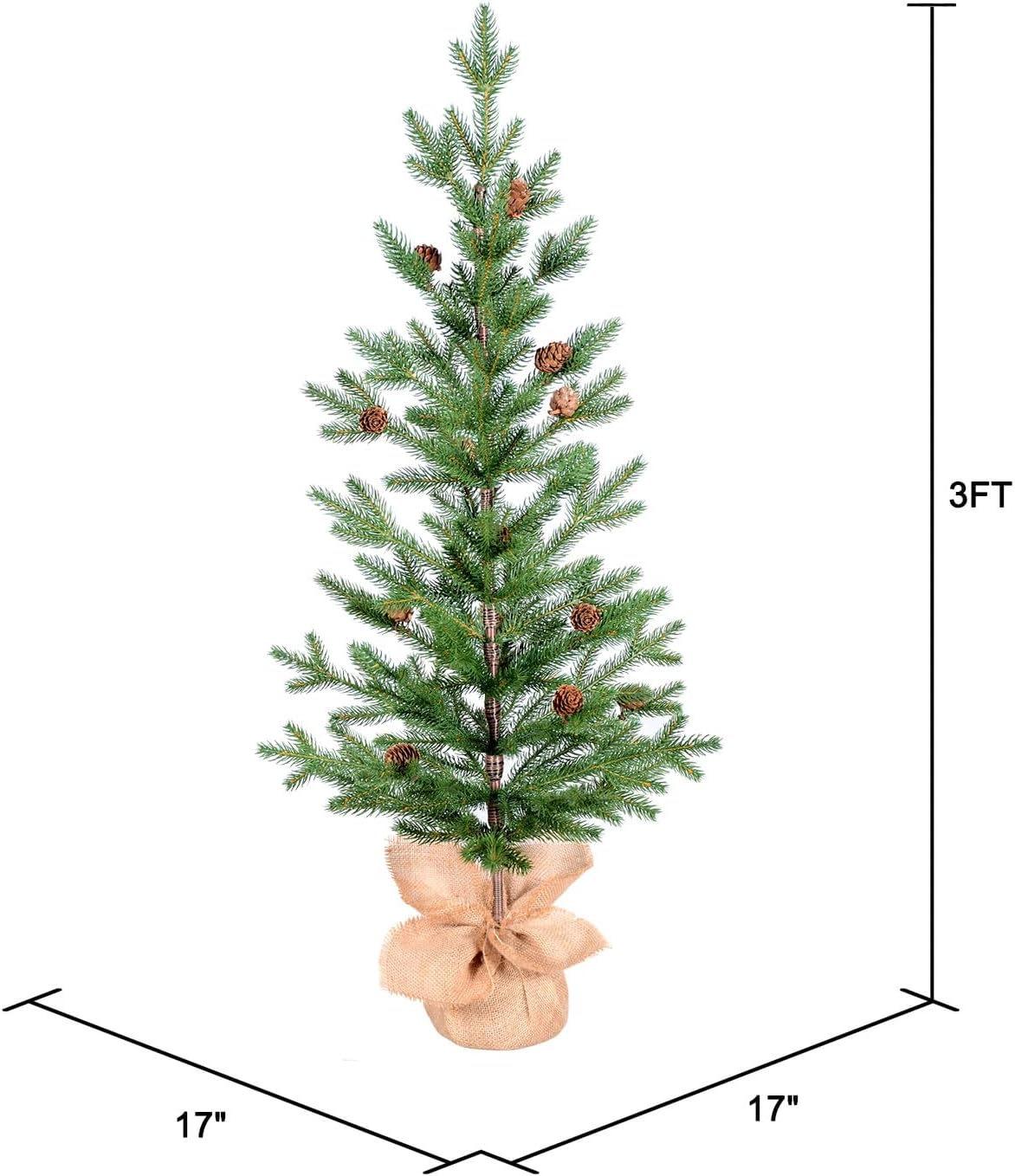 3FT Tabletop Artificial Christmas Tree, 209 Realistic PE Branches, Pine Cone Decorations, Unlit, Cement Base Wrapped in Burlap, Green