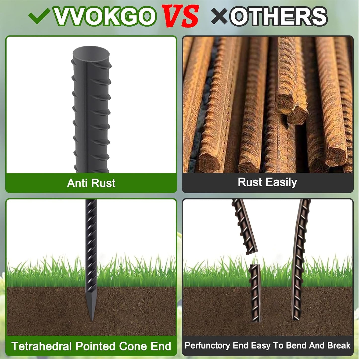 VVOKGO Rebar Stakes 24 Inch Ground Straight Concrete Form Stakes Heavy Duty (50pcs), 3/8" Diameter Metal Steel Spikes Anchors with Chisel Point End for Plant Support, Garden Border,Landscape Edging