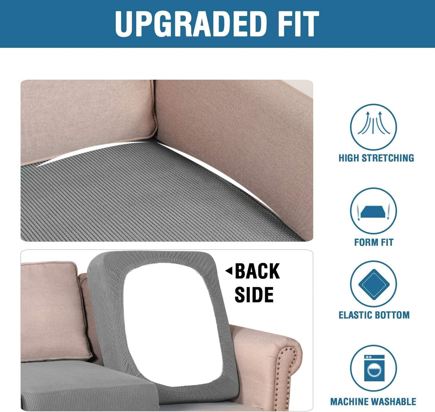 H.VERSAILTEX Super Stretch Individual Seat Cushion Covers - Sofa & Couch Cushion Slipcover Sets - Thick Jacquard Textured Twill Fabric (3 Piece XL, Dove)