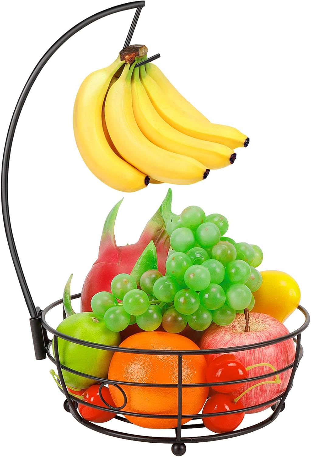 Livabber Countertop Fruit Basket Bowl with Banana Hanger, Modern Standing Fruit Vegetable Bowl Storage, with Banana Tree Holder for Kitchen Dinning Table (Round Metal, Black)