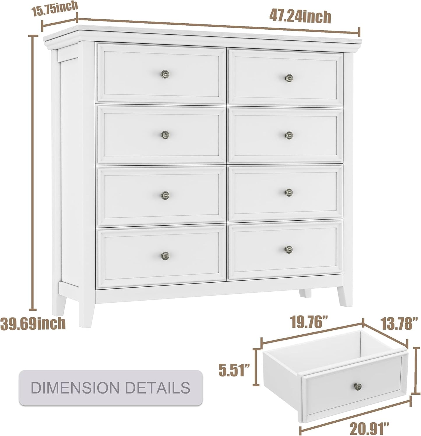 BLANKSPACE White 8 Drawer Dresser, Modern Dresser for Bedroom, Wood Drawer Organizer with Metal Knobs, Large Capacity Cabinet for Bedroom, Hallway