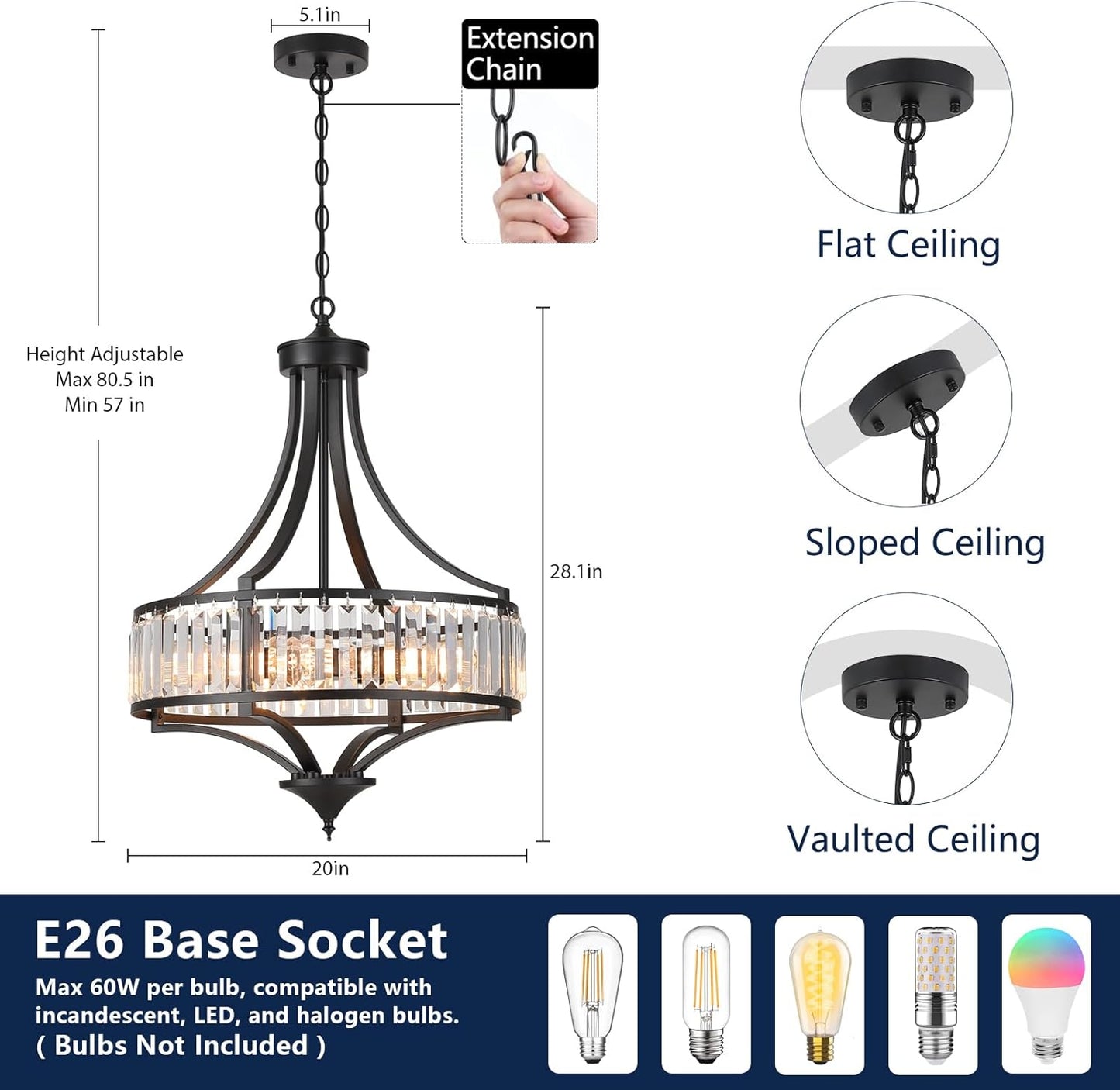 Modern Black Crystal Chandelier, 20 Inch Large Ceiling Pendant Light Fixture with 50'' Adjustable Hanging Chain, 5-Light Farmhouse Chandelier for Dining Room, Living Room, Bedroom, Entryway