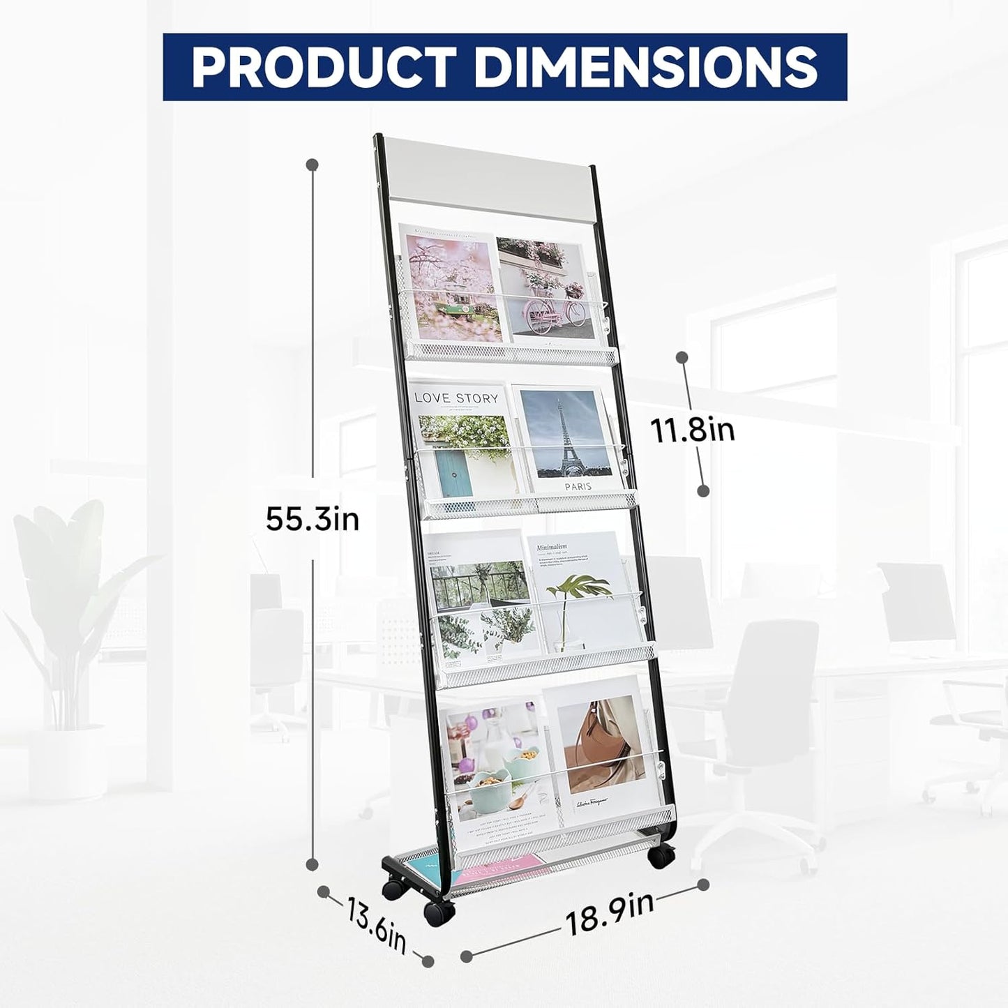 4-Tier Floor-Standing Magazine Rack with Wheels – Perfect Brochure Display Stand for Exhibitions, Offices, and Information Hubs (Black-White)