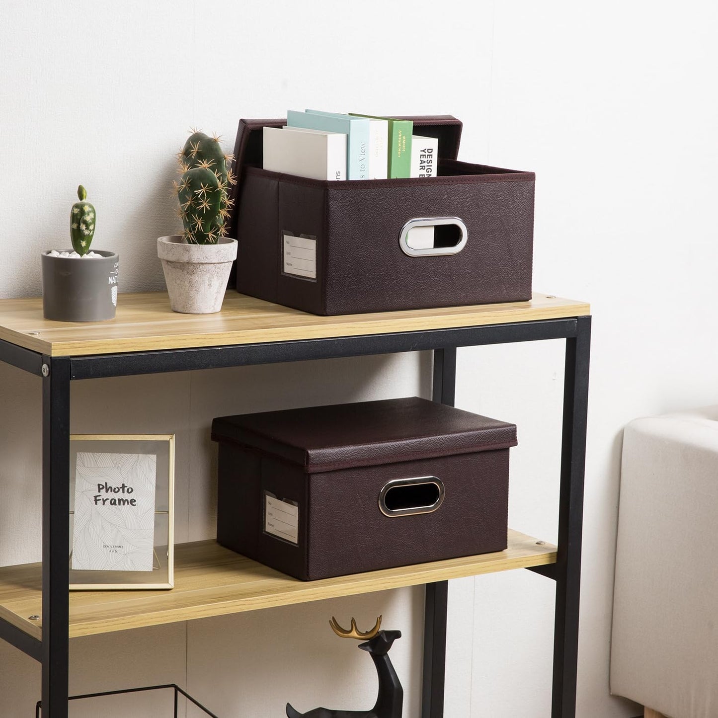 PRANDOM Collapsible Storage Box with Lid [3-Pack] Leather Fabric Foldable Storage Bin Organizer Container Basket Cube with Cover for Home Bedroom Closet Office Nursery Brown(13.6x9.6x6.9)