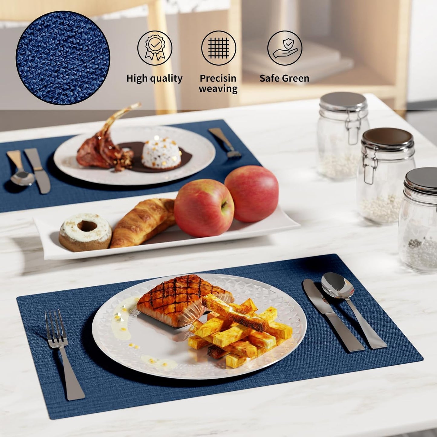 Cloth Placemats, Set of 4 Heat-Resistant Cotton Linen Blend Double Layered Machine Washable Place Mats, Wrinkle Free Thick Fabric Dining Table Mats for Indoors & Outdoors (Navy Blue, 4)