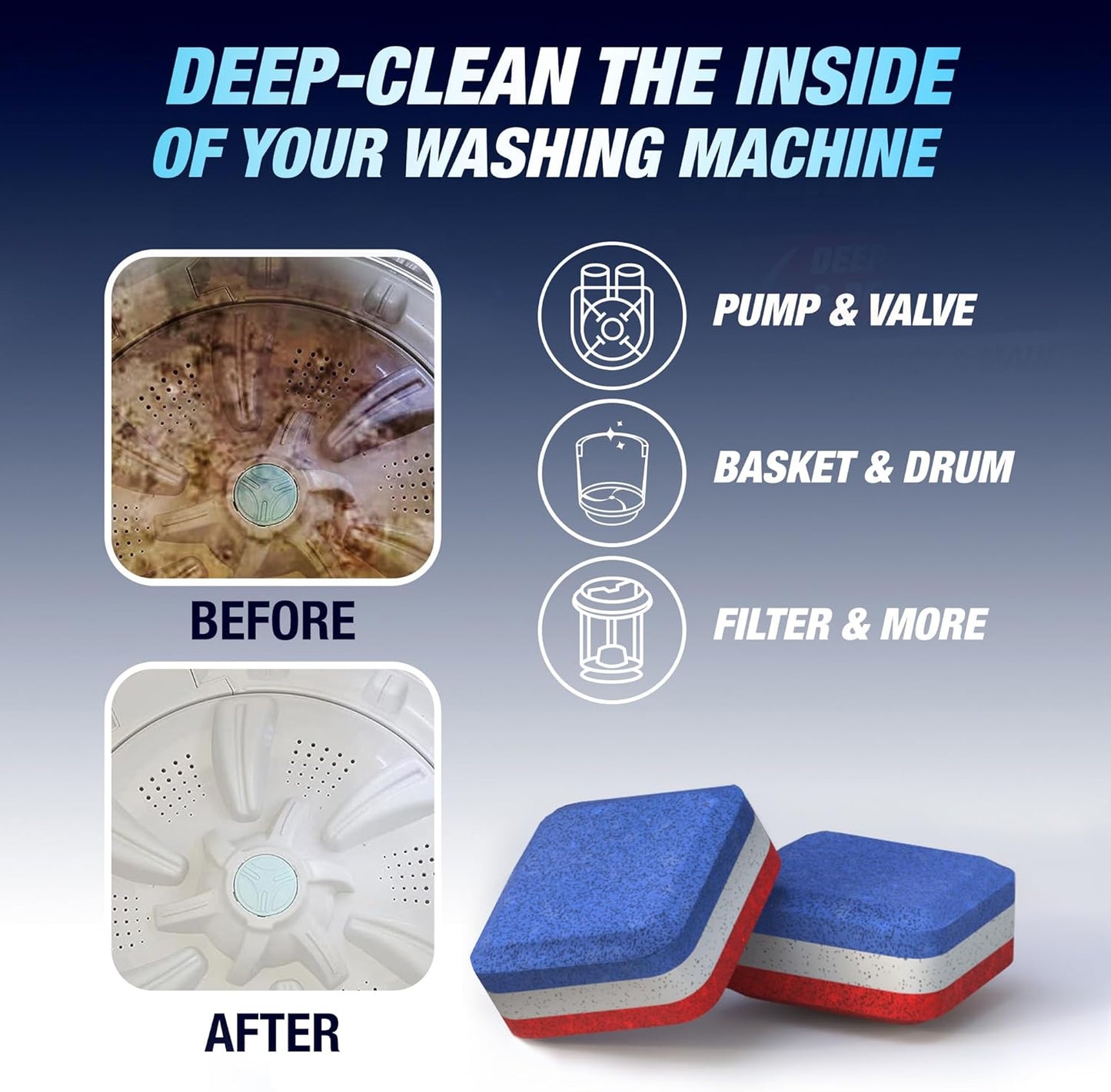 Washing Machine Cleaner Tablets 56 Pack for HE Top Load - Eco Friendly Washer Machine Cleaning Tablets - 3 Layers Septic Safe Wash Machine Full Deodorizer Descaler Protector - 2 Plus Year Supply