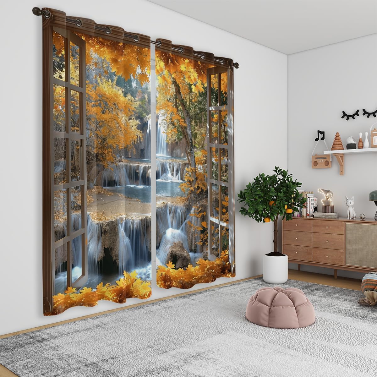 Landscape Blackout Curtains for Girls Boys Teens Home Decor, Nature 3D Autumn Fall Forest Maples Grommet Thermal Insulated Drapes Darkening Window Curtain for Bedroom Living Room, 42 x 45 Inch