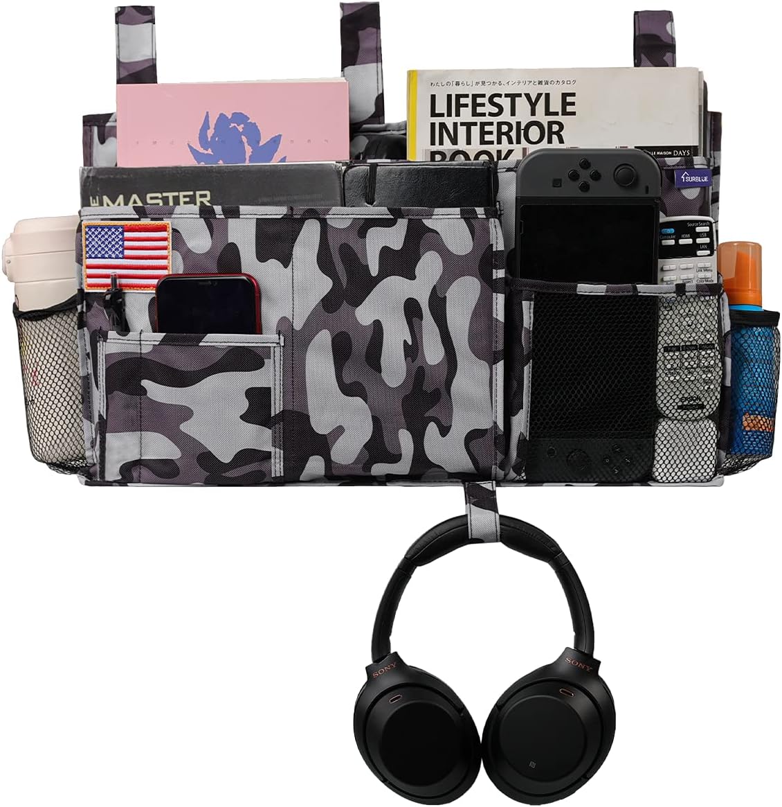 Surblue Bedside Caddy Hanging Organizer Storage Bag Pocket for Bunk, Hospital, College Dorm Rooms, Baby Bed Rails, Camp - 8 Pockets (Large, City)