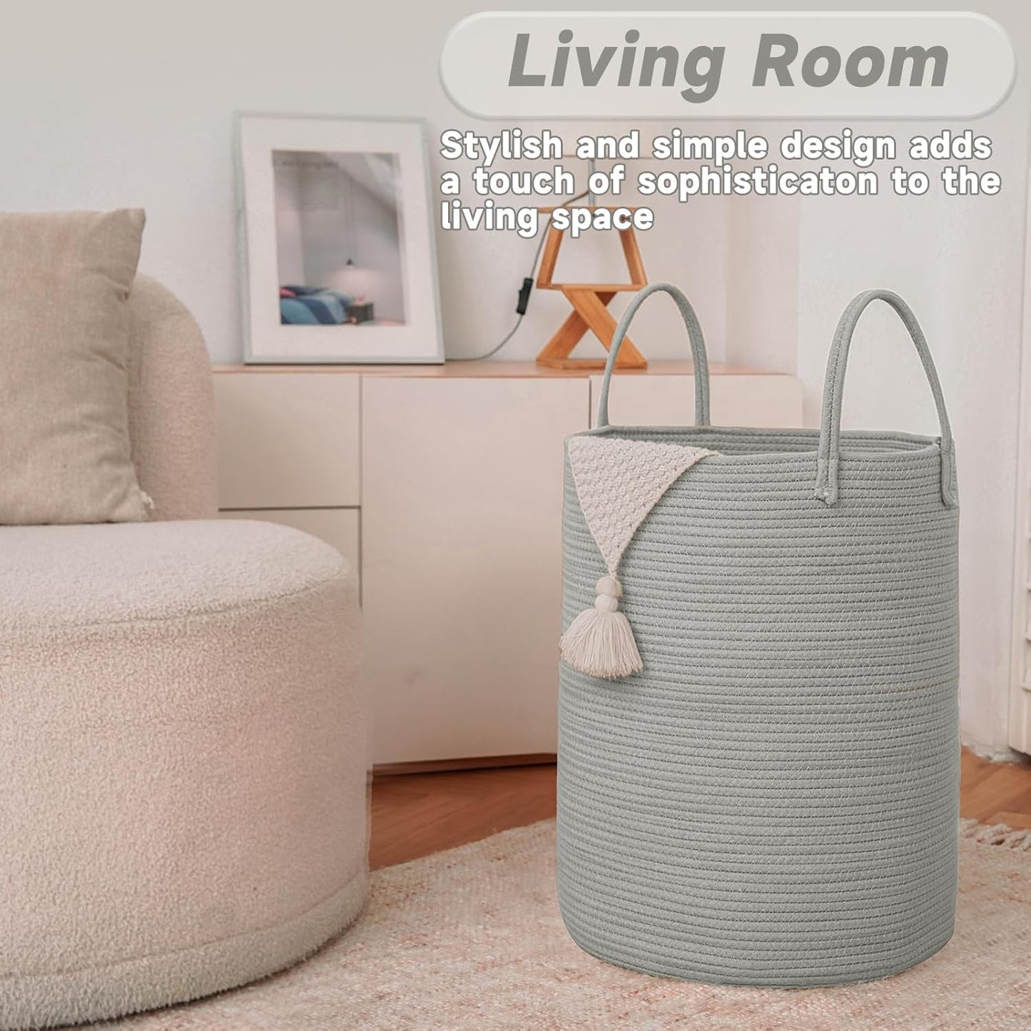 Large Woven Laundry Basket Hamper,100L Cotton Rope Storage Bin for Blankets,Toys and Clothes,Decorative Tall Nursery Hamper for Living Room,Baby Nursery,Bathroom and Bedroom,Grey