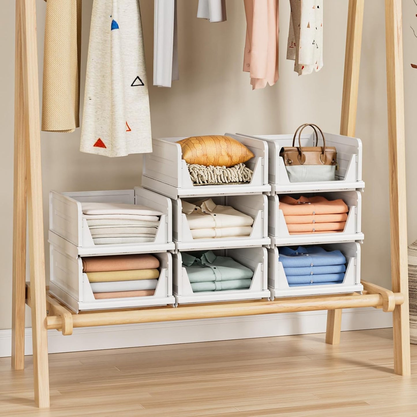 6 Pack Stackable Closet Storage Basket - Stackable Storage Bins, Multifunctional & Foldable Closet Organizer, Wardrobe Storage Space-Saving Clothes Storage Drawer Organizer, White