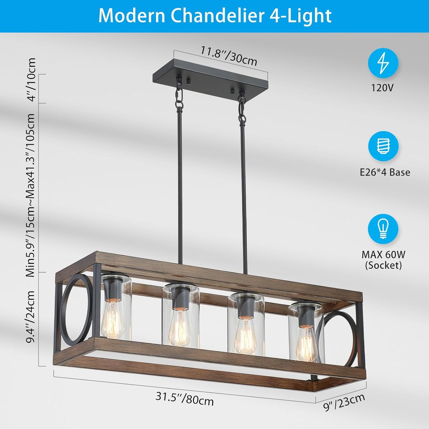 XINGQI Rectangle Chandeliers 31.5" Farmhouse Kitchen Island Lighting Fixture Over Table Modern Vintage Linear Hanging 4-Light for Dining Room Living Room Black Wood Grain Finish with Glass Lampshade