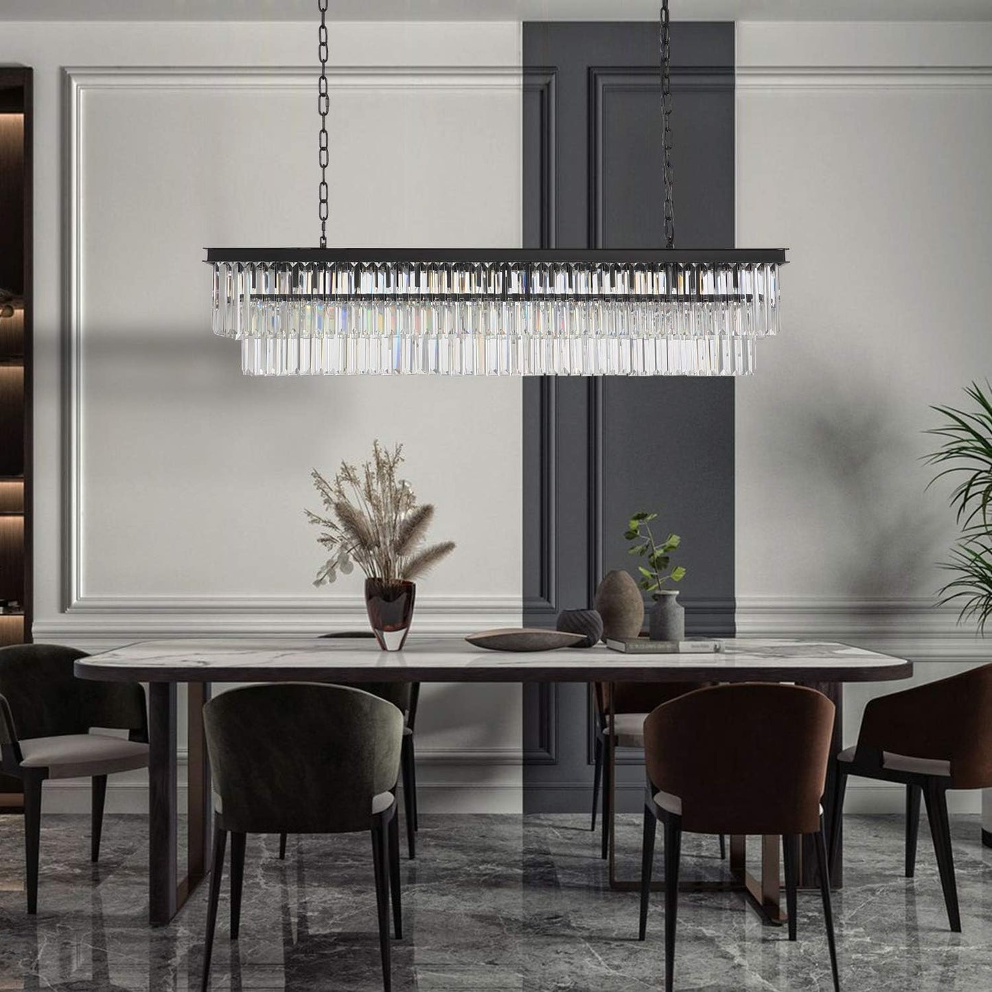 Rectangle Crystal Chandelier Black Modern Linear Chandelier Contemporary Pendant Light Fixture 8-Light Hanging Ceiling Light for Dining Room Living Room Kitchen Bedroom Foyer 47''