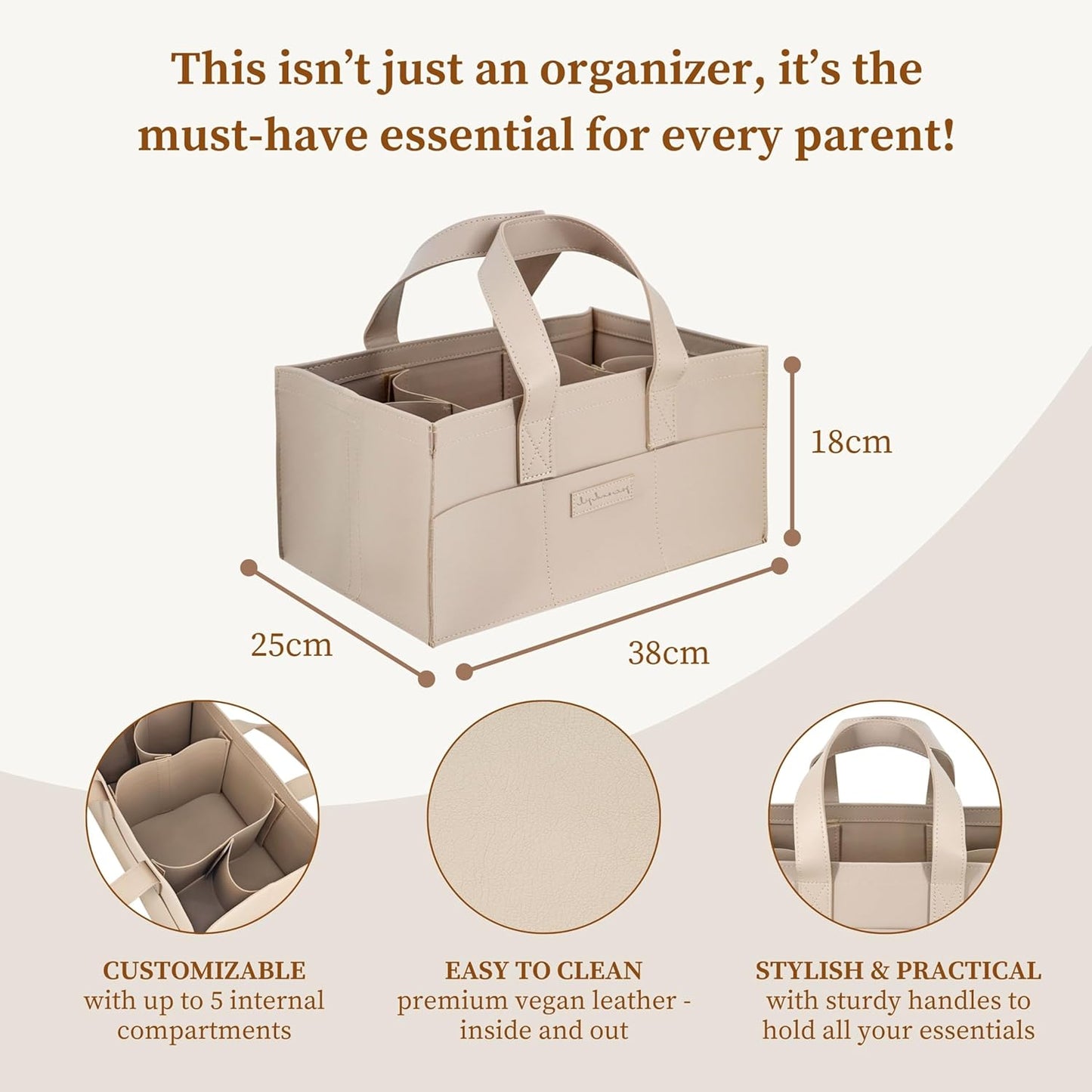 Premium Vegan Leather Baby Diaper Caddy Organizer – Portable Storage Basket for Newborn Essentials, Changing Table, Nursery, Car & Travel, Gifts for Baby Shower (Teddy Beige)