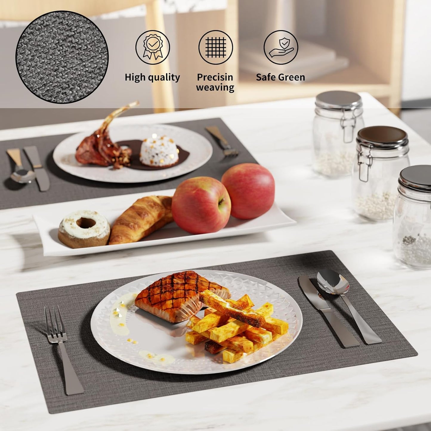 Cloth Placemats, Set of 4 Heat-Resistant Cotton Linen Blend Double Layered Machine Washable Place Mats, Wrinkle Free Thick Fabric Dining Table Mats for Indoors & Outdoors (Dark Grey, 4)