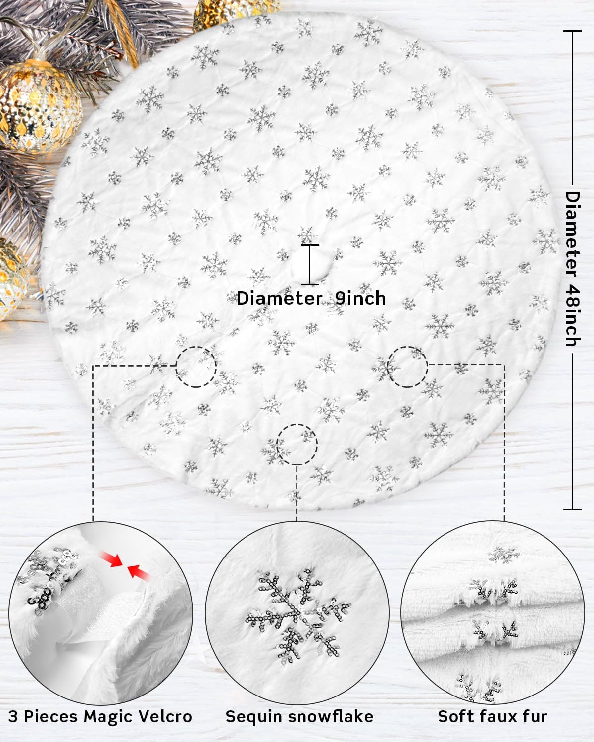 COOLWUFAN 48 Inches Christmas Tree Skirt for Xmas Tree Holiday Party Decorations White Plush Silver Sequin Snowflake (Silver)