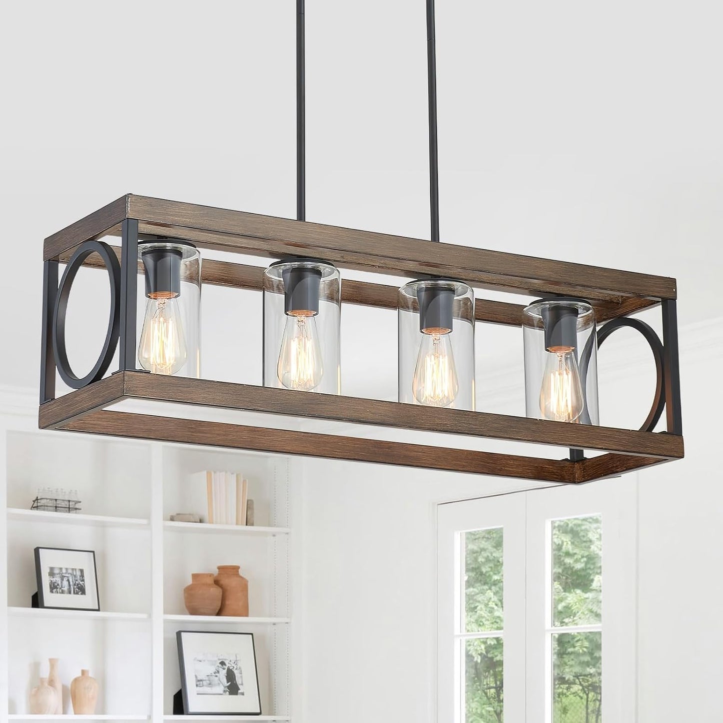 XINGQI Rectangle Chandeliers 31.5" Farmhouse Kitchen Island Lighting Fixture Over Table Modern Vintage Linear Hanging 4-Light for Dining Room Living Room Black Wood Grain Finish with Glass Lampshade
