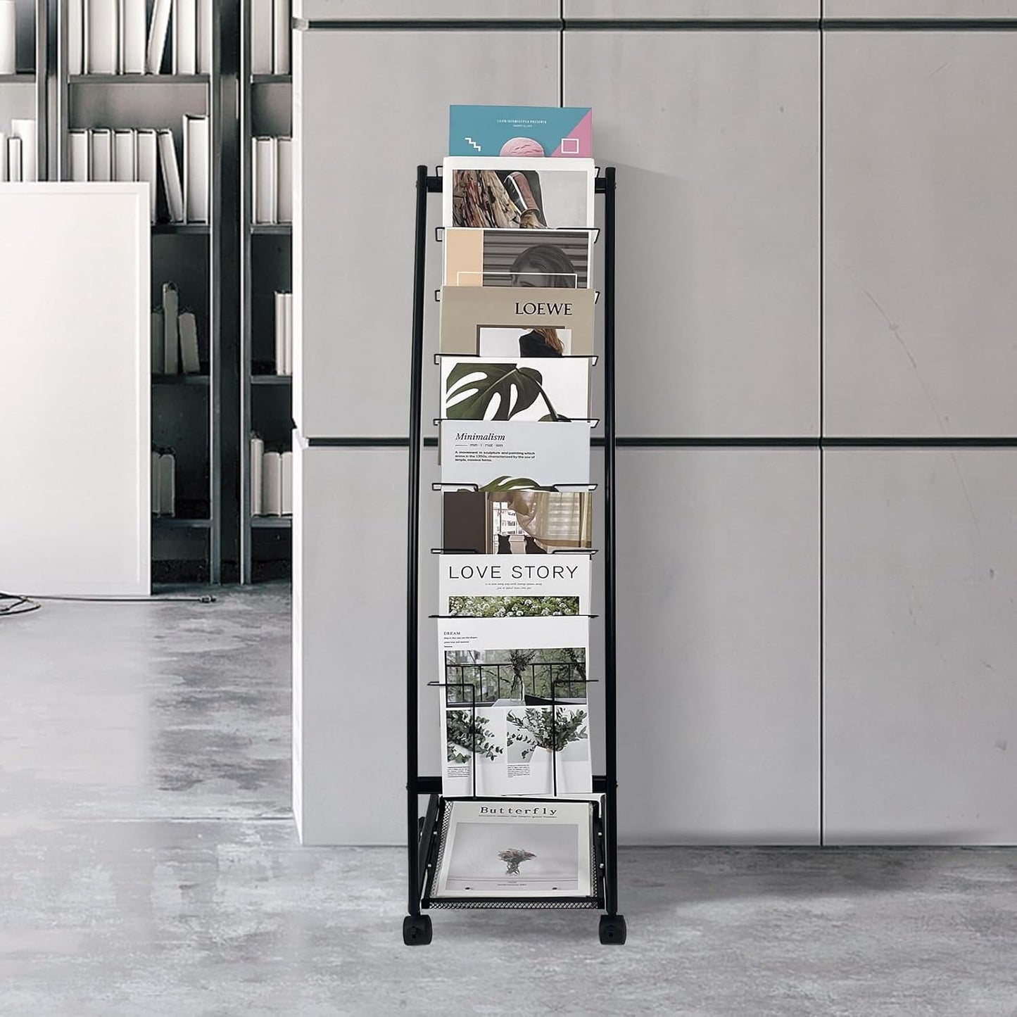 tongmo Magazine Rack: Floor-Standing with Wheels, 9-Tier Brochure Display Stand for Exhibitions, Office, and Any Organization Requiring Information Display