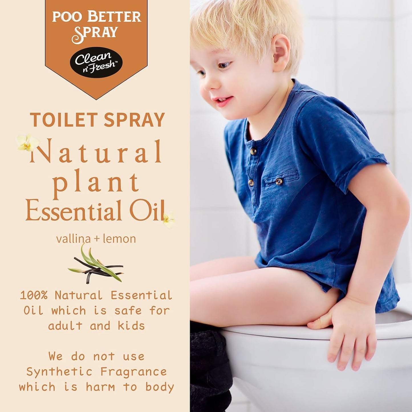 Clean-n-Fresh Toilet Spray 6.8 Fl.Oz, Vanilla Scent, Natural Plant Essential Oil Air Freshener & Odor Eliminator