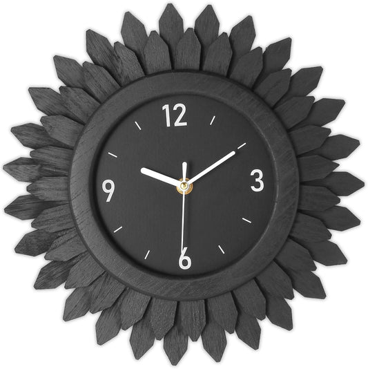 Honiway Wall Clock Battery Operated 12 Inch Rustic Wooden Boho Sunburst Decorative Wall Clock Silent Non-Ticking Black Wall Decor Clocks for Living Room Kitchen Bathroom Bedroom (Black)