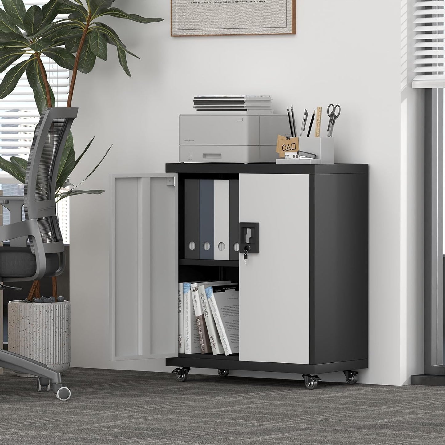 Locking Storage Cabinet,Steel Garage Cabinet with Wheels,Utility Tool Cabinet1 for Garage,Home Office and Warehouse